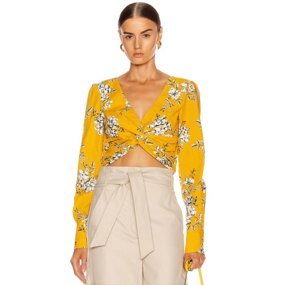 MARISSA WEBB Shirt Womens XS Yellow Karlee Cropped Twist Top Long Sleeve Floral - Picture 2 of 16